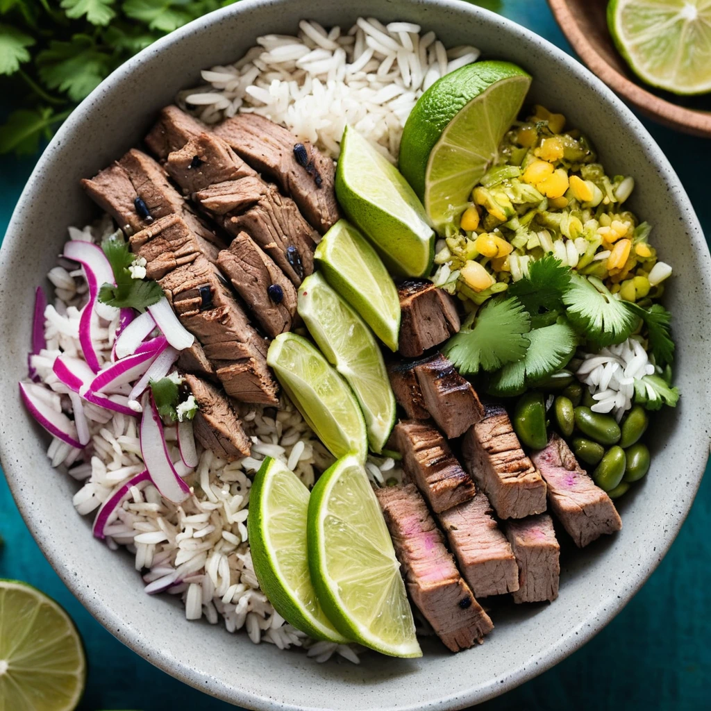 Colorful bowls with tender pork slices, rice, beans, and fresh lime wedges.