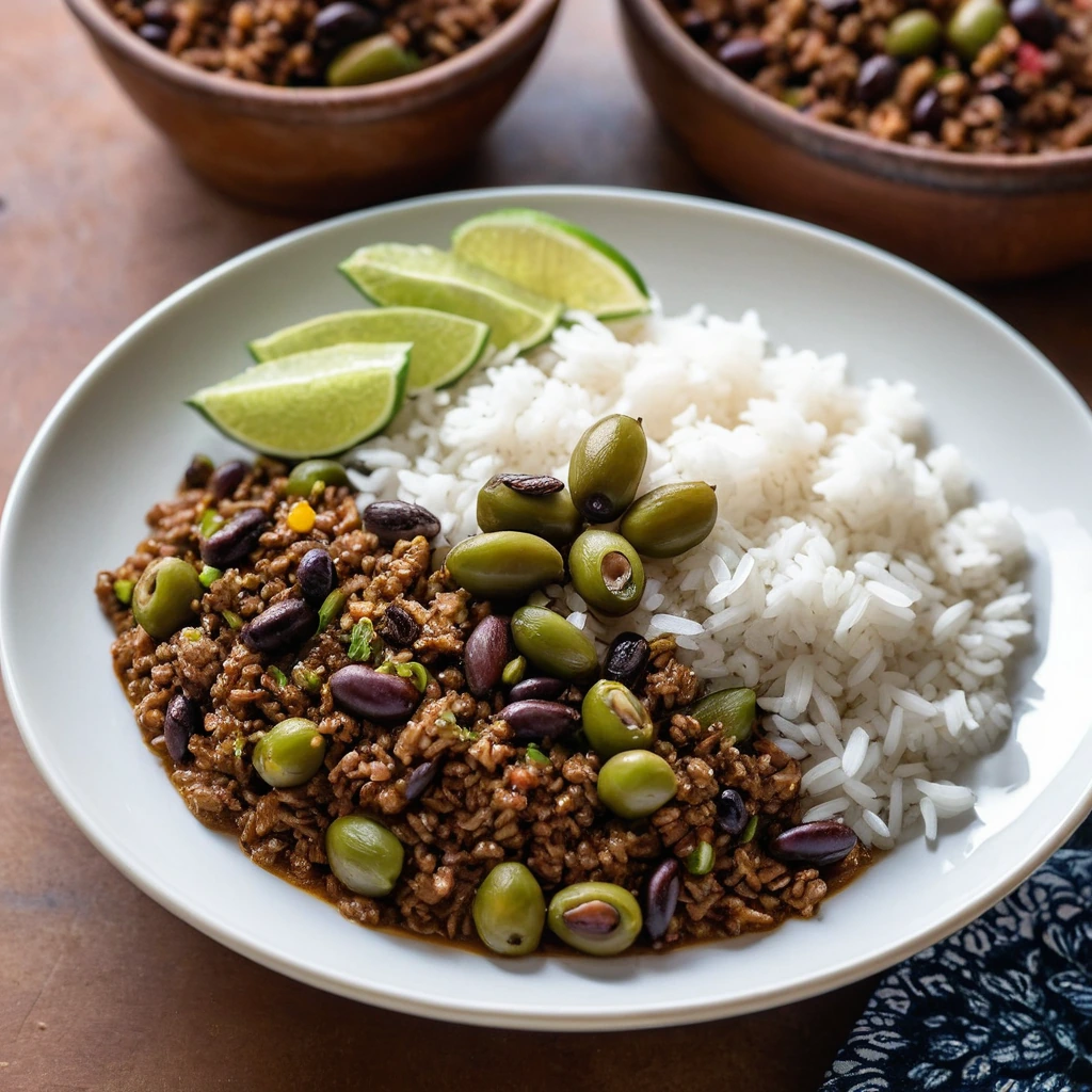 Golden white rice topped with a rich, dark-brown picadillo dotted with green olives and plump raisins.