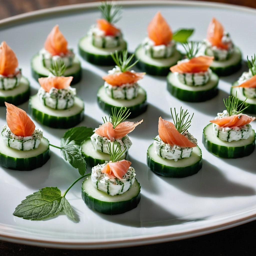 Small cucumber slices filled with green herbed cream cheese and topped with thin slices of smoked salmon on a white plate.