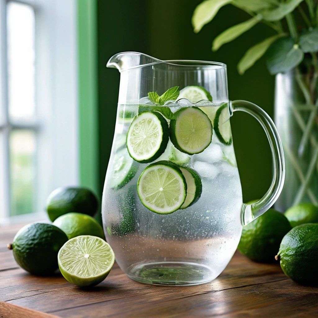 Clear pitcher filled with sparkling water, cucumber slices, and lime wedges on a rustic wooden table.
