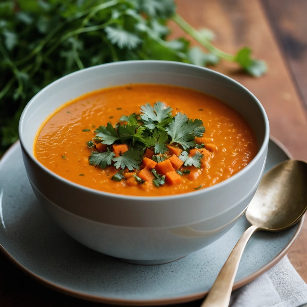 Bowl of vibrant orange soup with a sprinkle of fresh cilantro on top