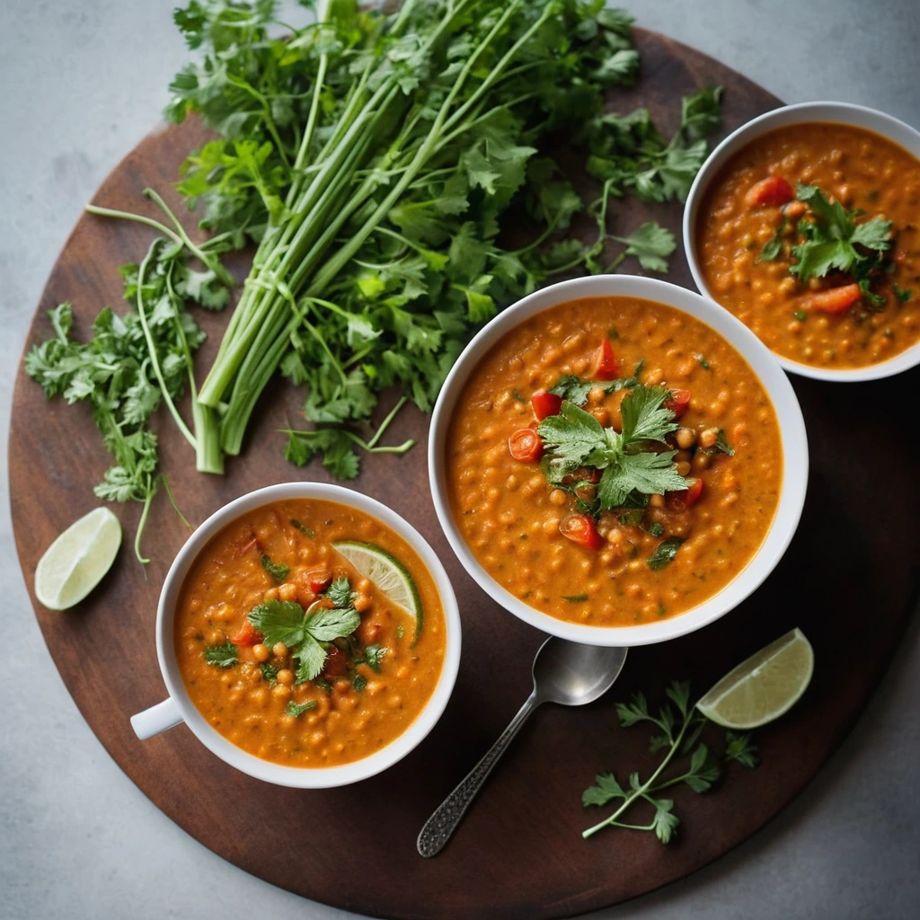 Steaming bowl of orange-hued soup with red lentils and chunks of tomato, garnished with fresh cilantro.