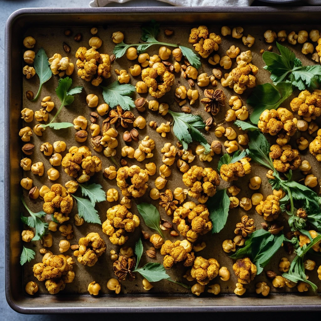 Sheet pan with roasted cauliflower and chickpeas, golden brown with vibrant yellow curry spices.