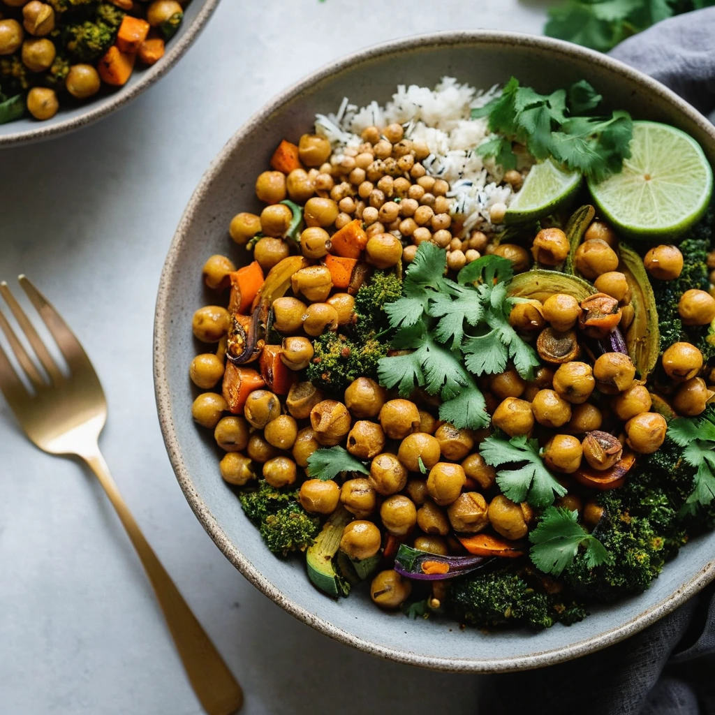 Vibrant roasted vegetables and chickpeas in a golden curry sauce served in a large bowl