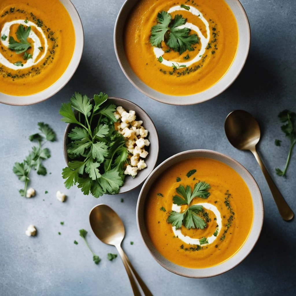 Golden soup with chunks of carrot and cauliflower in a bowl, garnished with fresh cilantro.