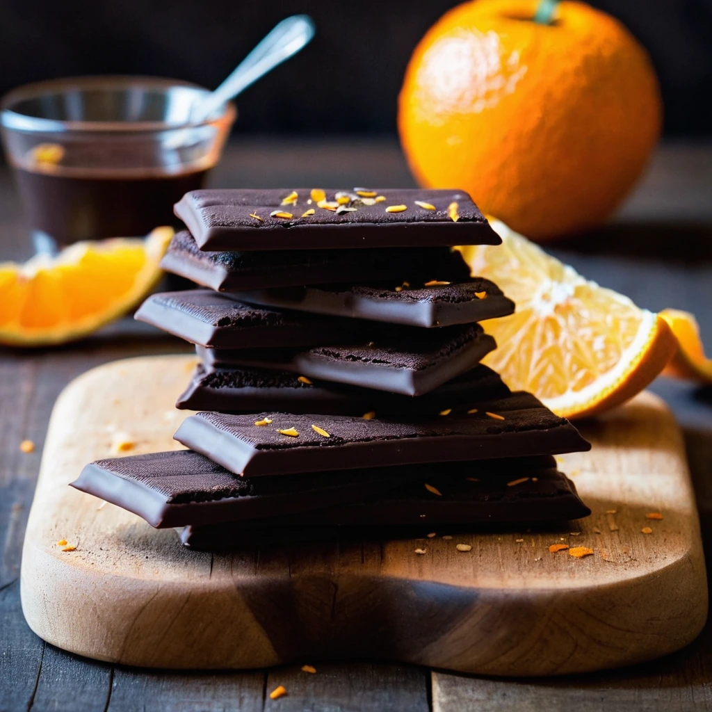 Shortbread cookies dipped in dark chocolate with orange zest sprinkled on top, arranged on a rustic wooden board.