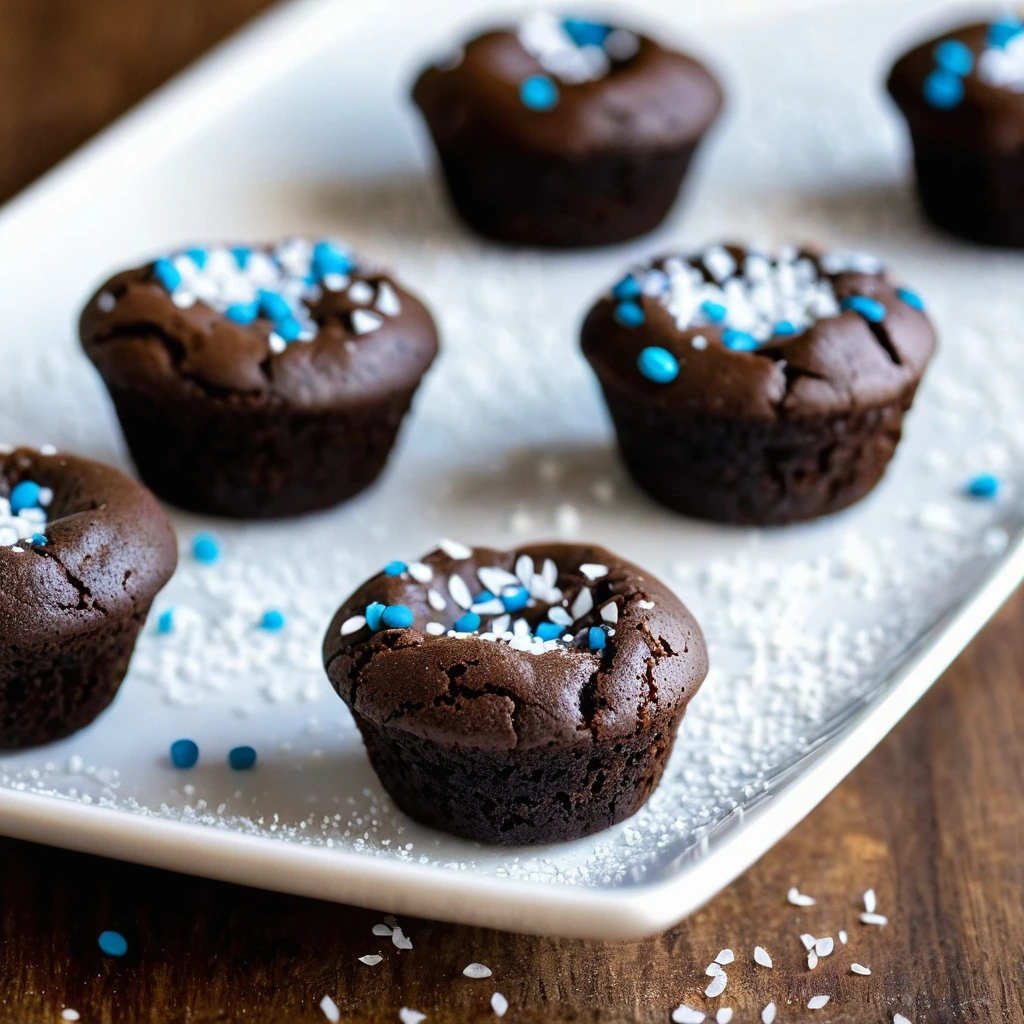 Golden-brown brownie bites on a white plate with a sprinkle of flaky sea salt on top