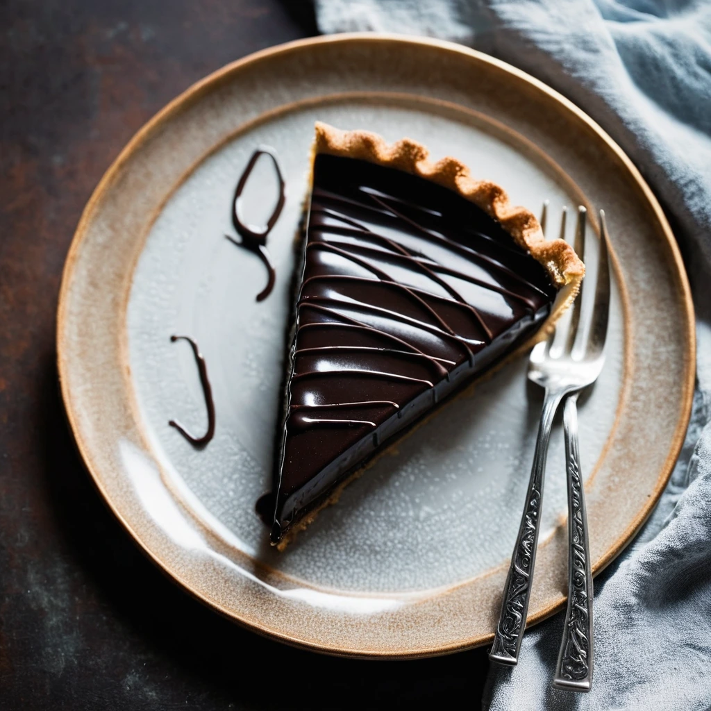 A slice of dark chocolate tart with a glossy sea salt caramel drizzle on a rustic plate.