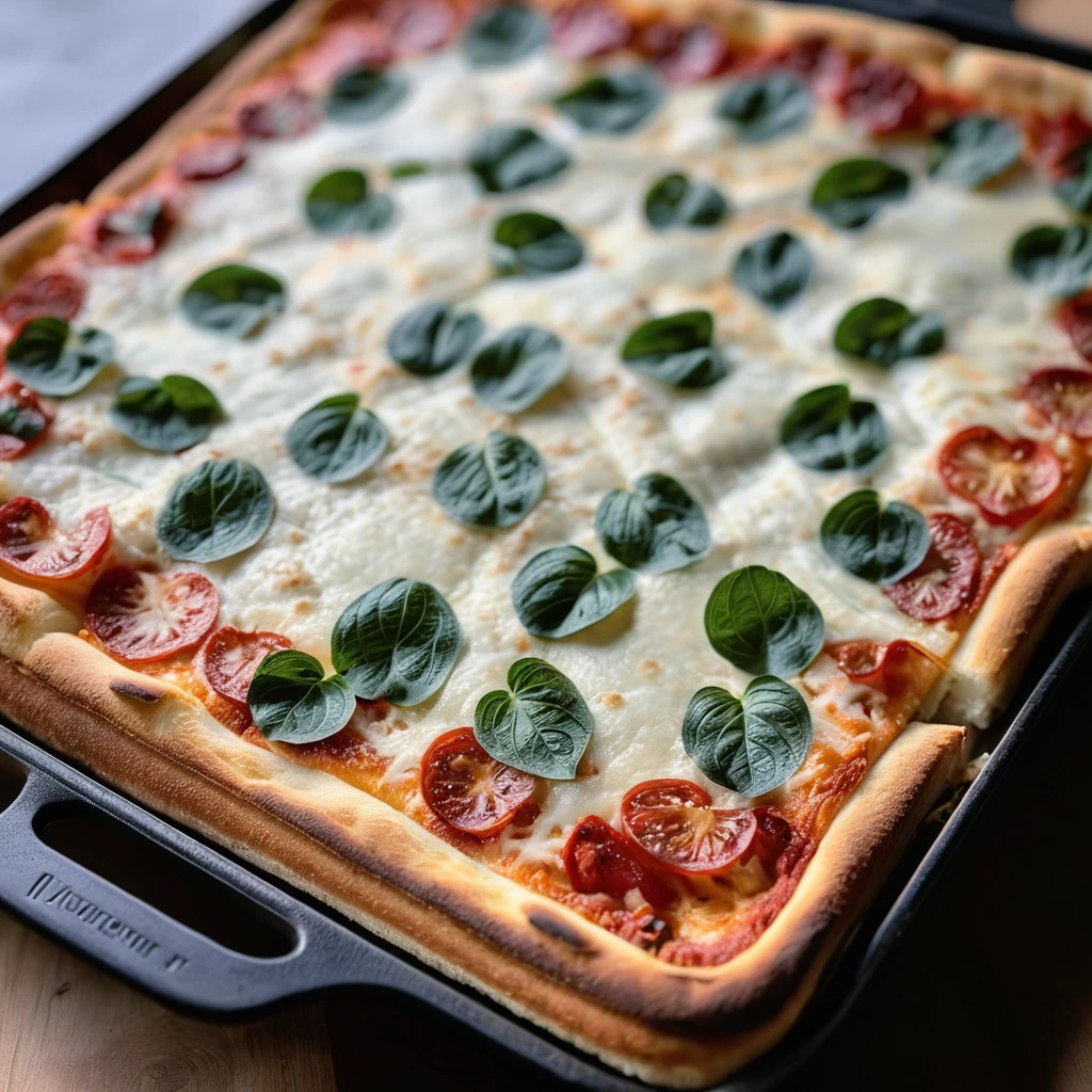 Golden square pizza with caramelized cheese edges in a cast iron pan, topped with pepperoni and tomato sauce.