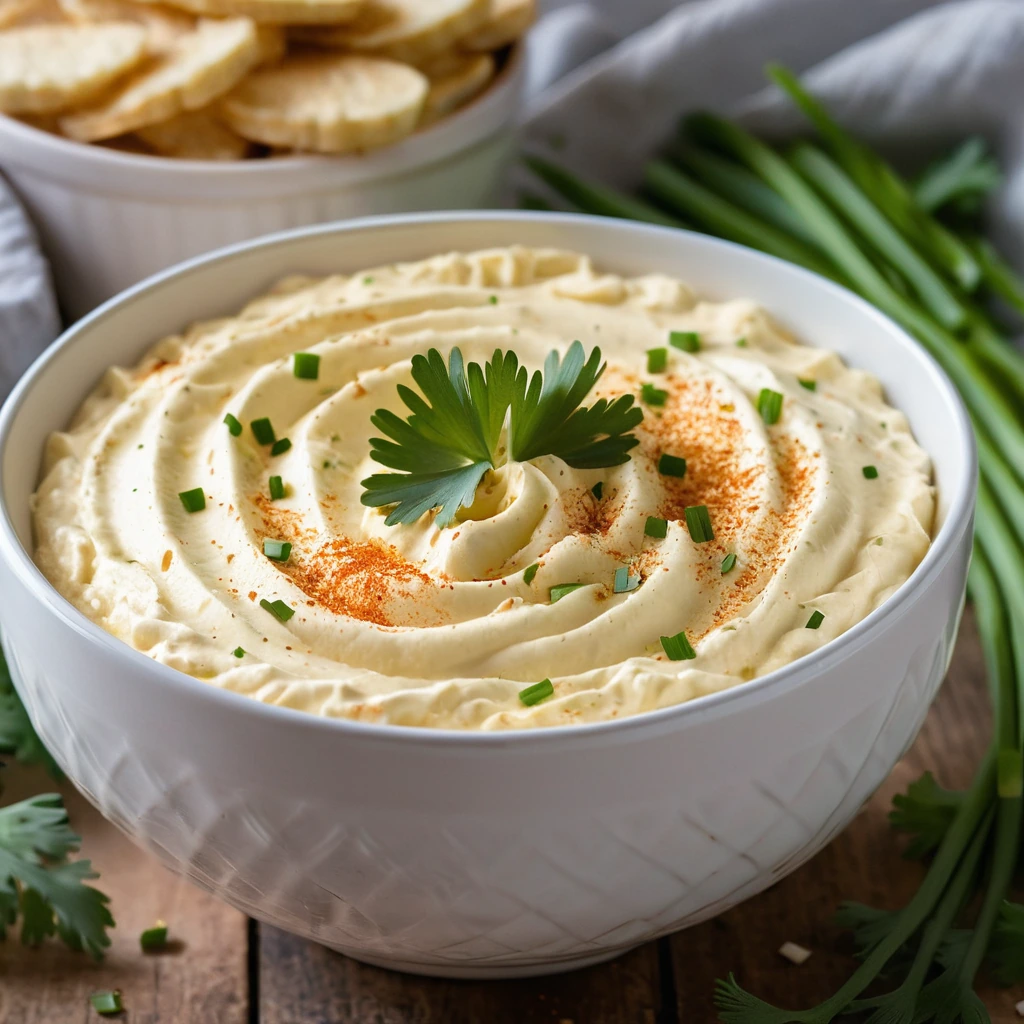 golden dip in a white bowl topped with paprika and chopped chives on a rustic wooden table