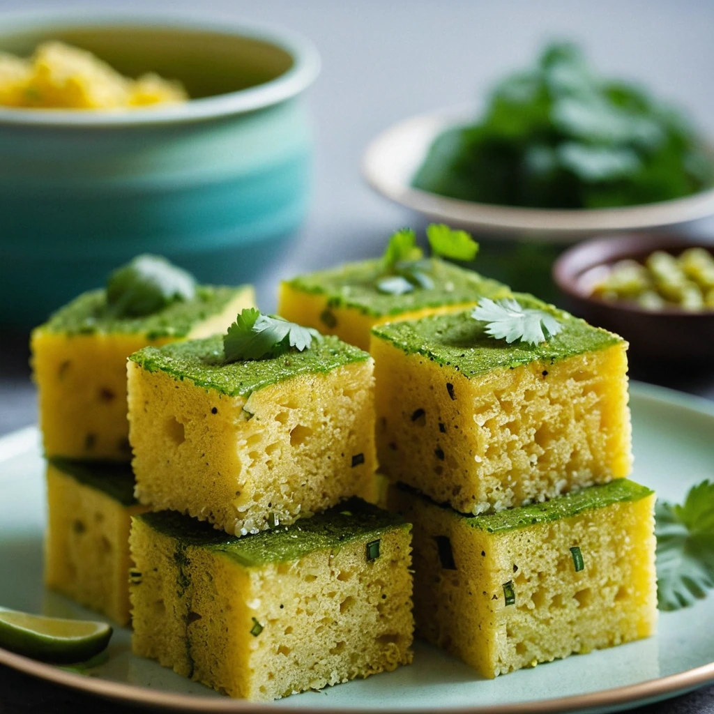 Stacked golden-brown dhokla squares on a plate with green chutney drizzled over top and garnished with cilantro.