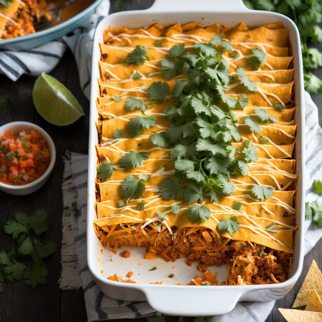Baked casserole with layers of tortilla chips, shredded chicken, and melted cheese, topped with fresh cilantro.