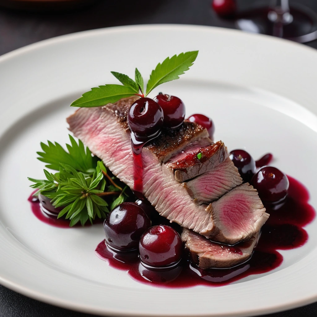 Plated duck breast with glossy red cherry sauce, garnished with fresh thyme.