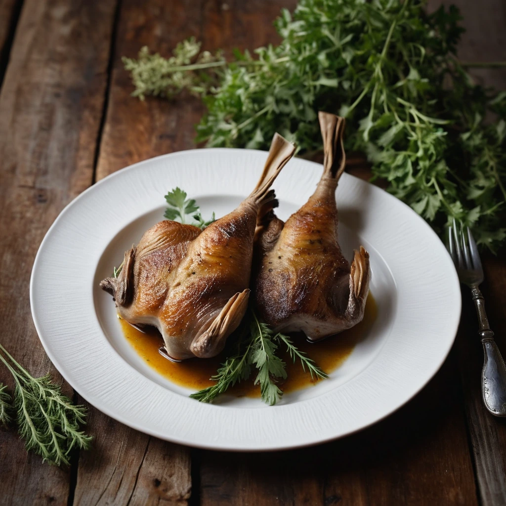 Crispy golden brown duck legs arranged on a rustic wooden board, garnished with fresh herbs.