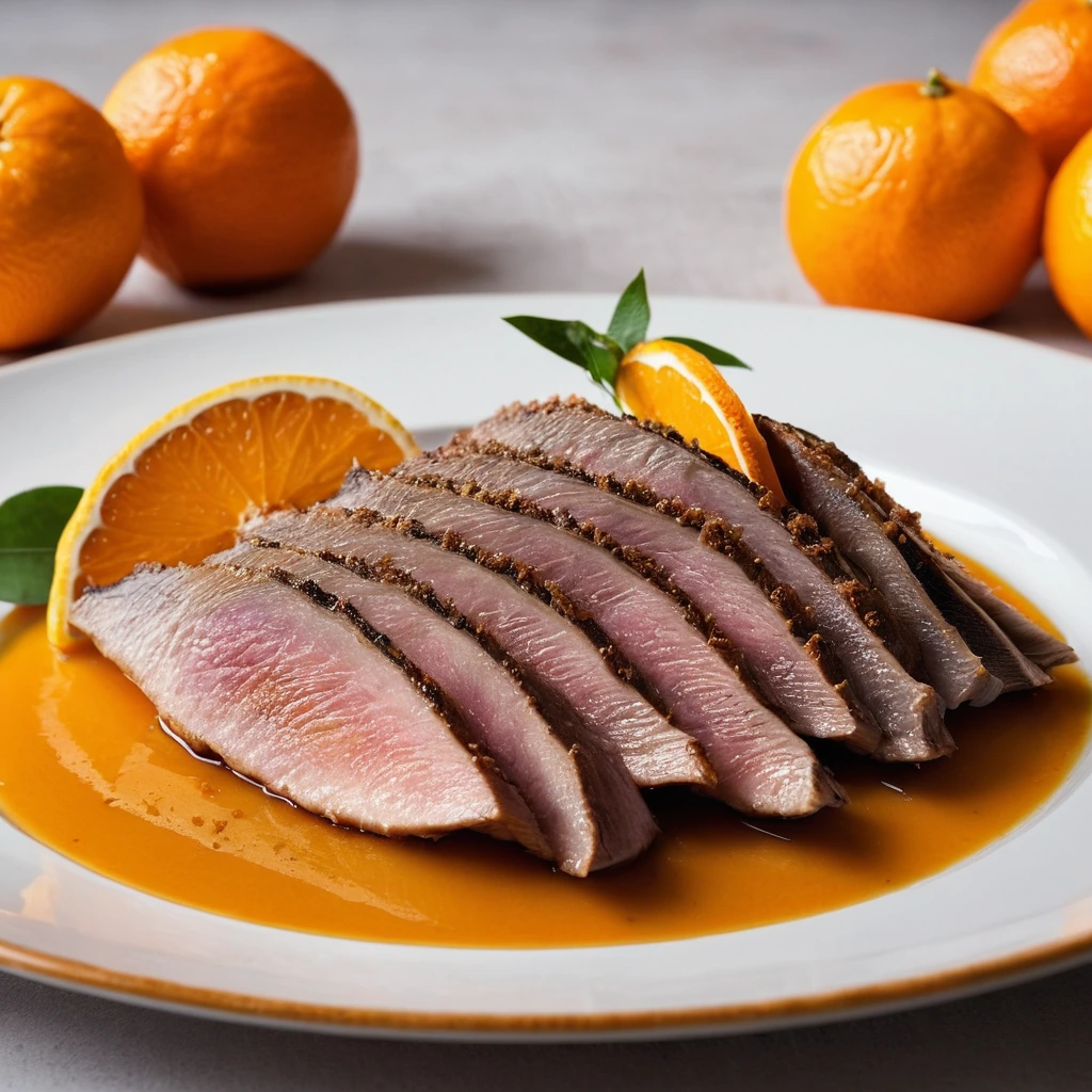 Glossy roasted duck breast resting on a vibrant orange sauce with slices of orange fanned around it.