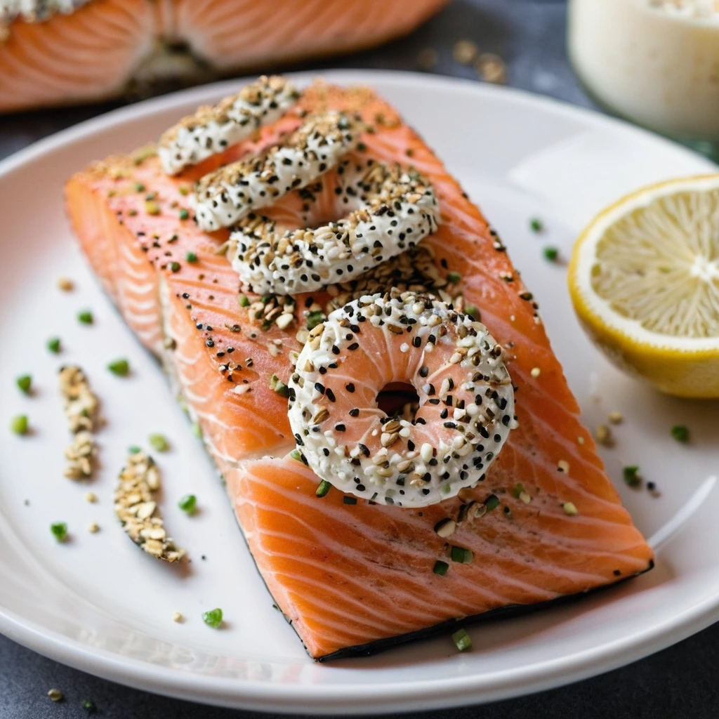 Golden-brown baked salmon fillet sprinkled with everything bagel seasoning on a white plate