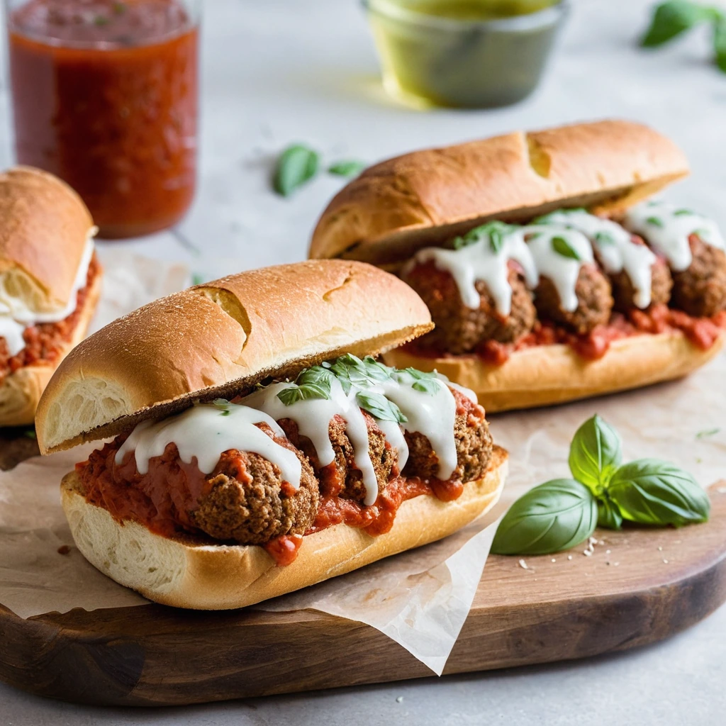 Melty mozzarella over meatballs and marinara sauce stuffed in golden sub rolls