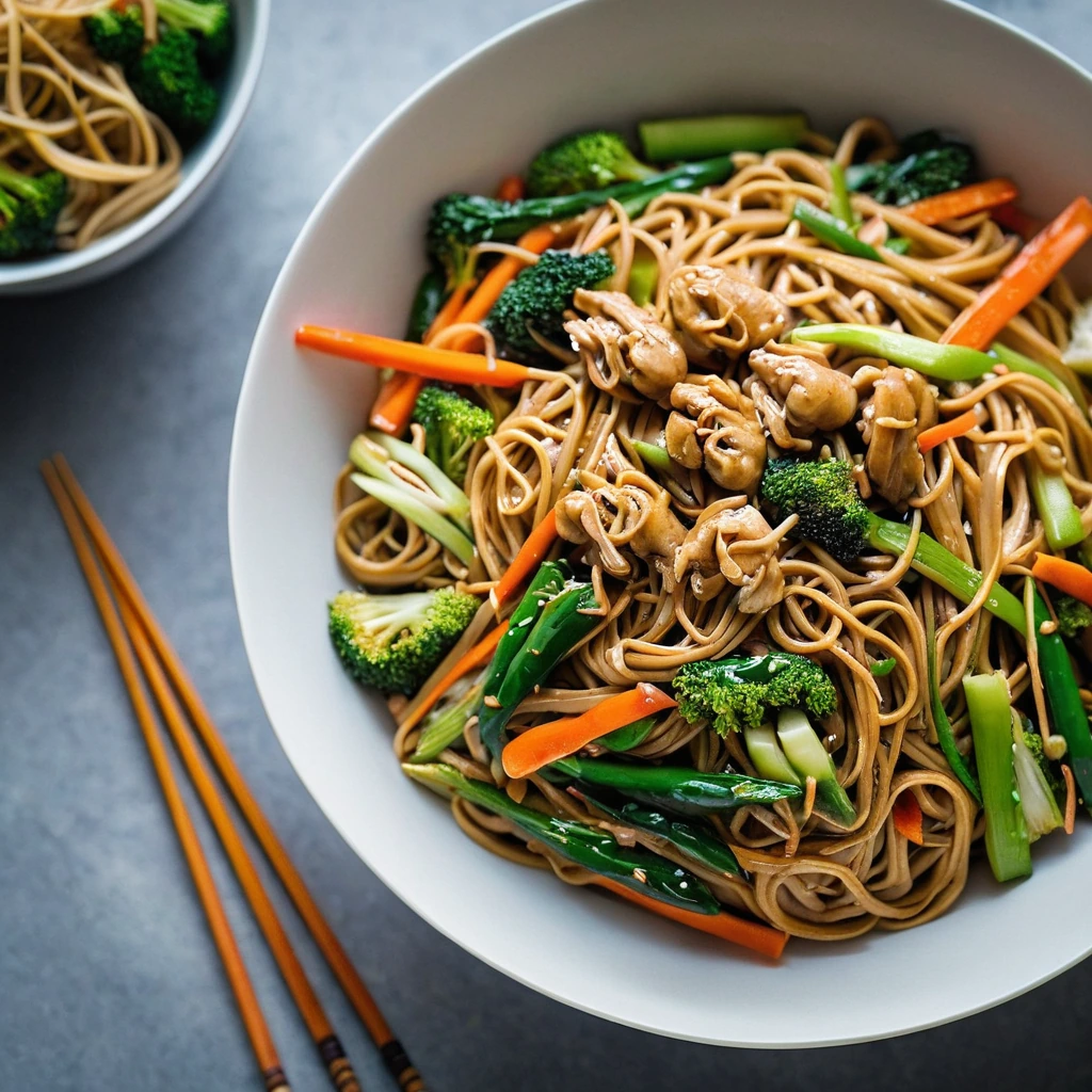 A large bowl of golden-brown lo mein noodles with colorful mixed veggies and shredded chicken, all coated in a glossy sauce.