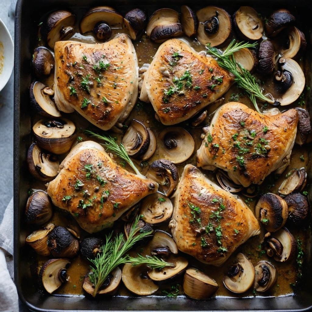 Browned chicken thighs with mushrooms in a golden sauce on a baking sheet