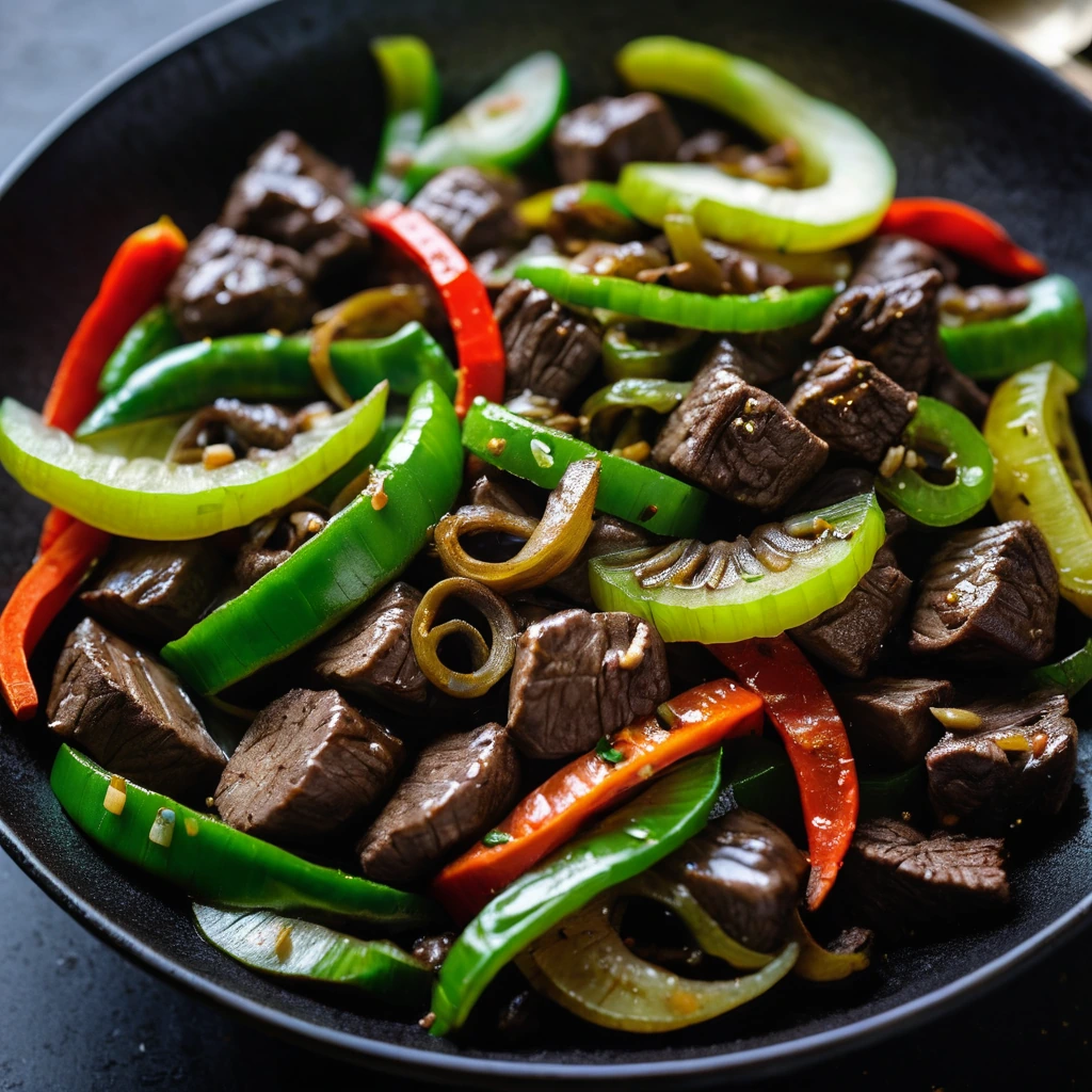 Colorful stir fry of beef strips, green bell peppers, and golden onions in a glossy sauce served in a sizzling skillet.