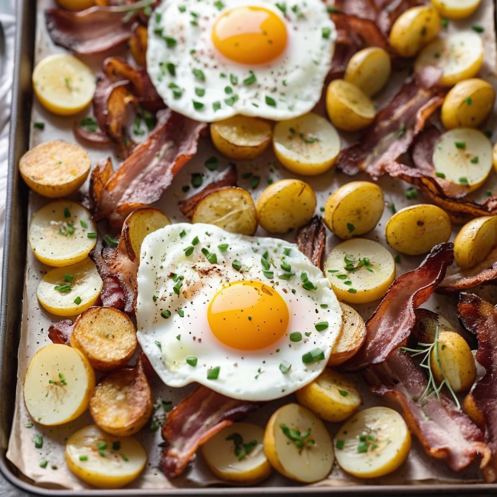 Sheet pan with crispy bacon strips, sunny-side-up eggs, and roasted golden potatoes.