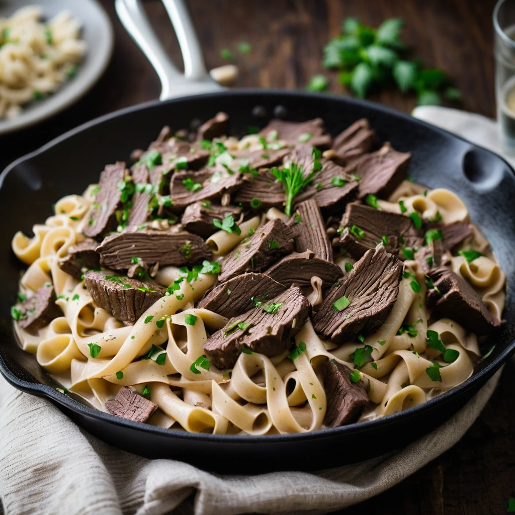 Golden egg noodles in a rich brown sauce topped with tender beef and fresh parsley in a skillet.