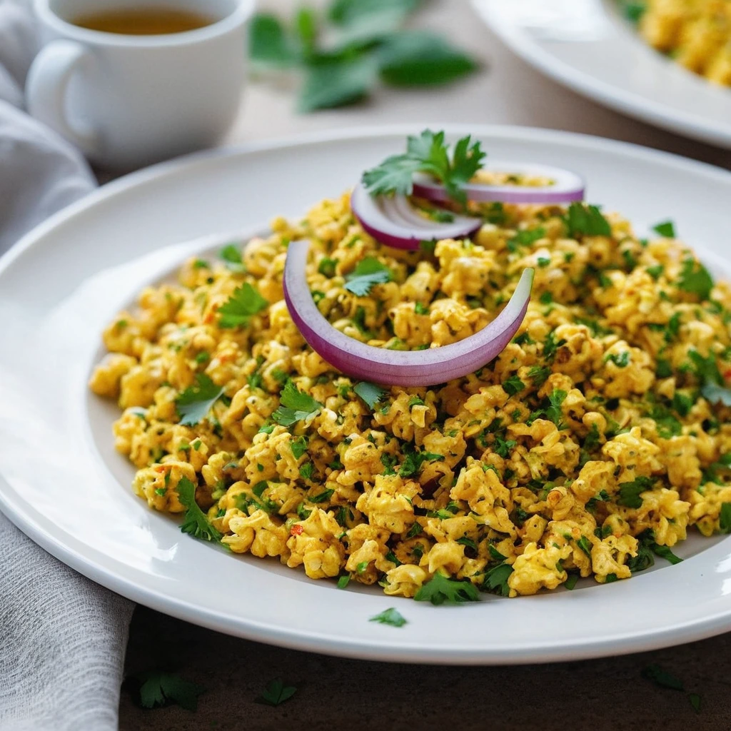 Golden scrambled eggs with specks of green cilantro on a white plate