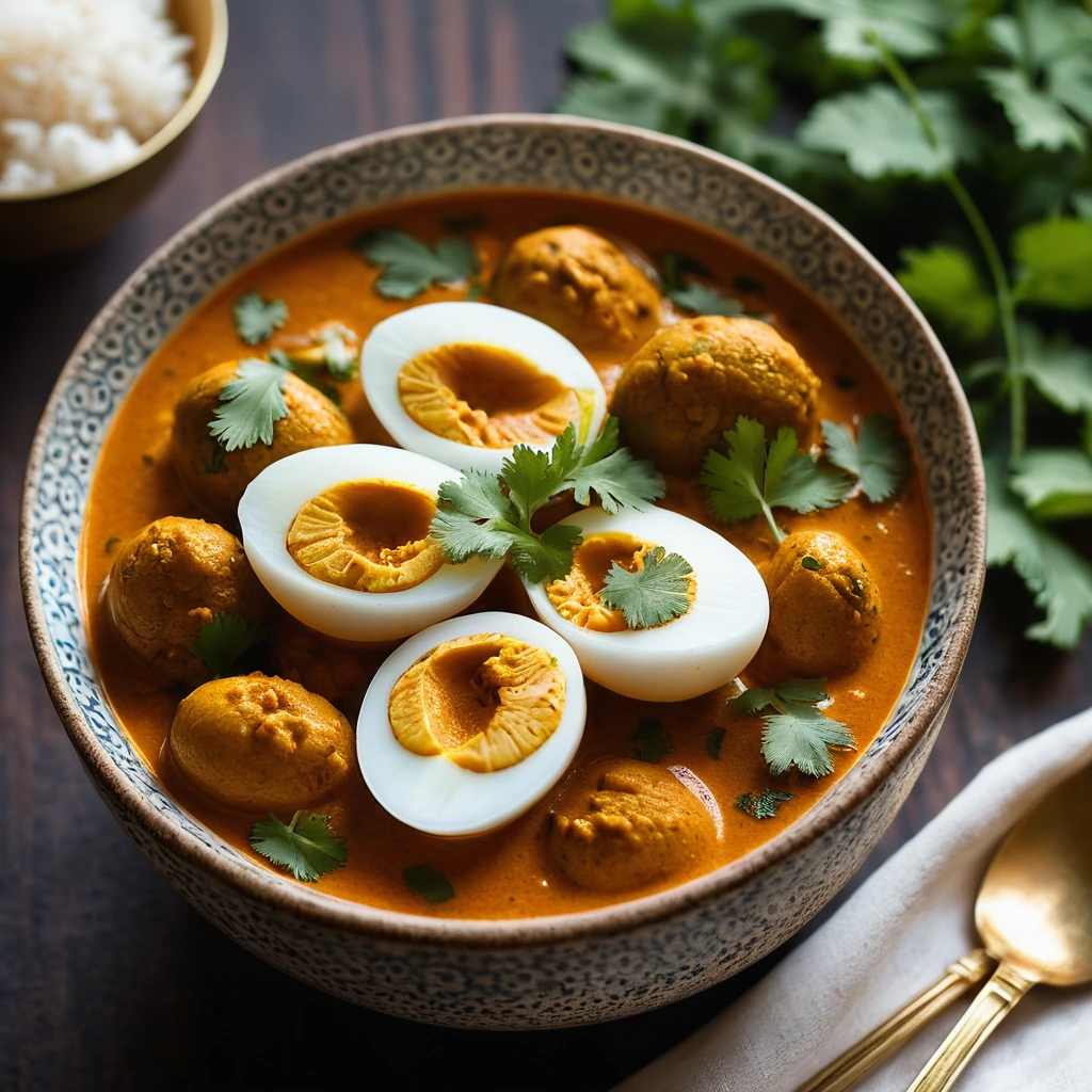 Golden hard-boiled eggs in a vibrant orange-red curry sauce in a serving bowl garnished with fresh cilantro.