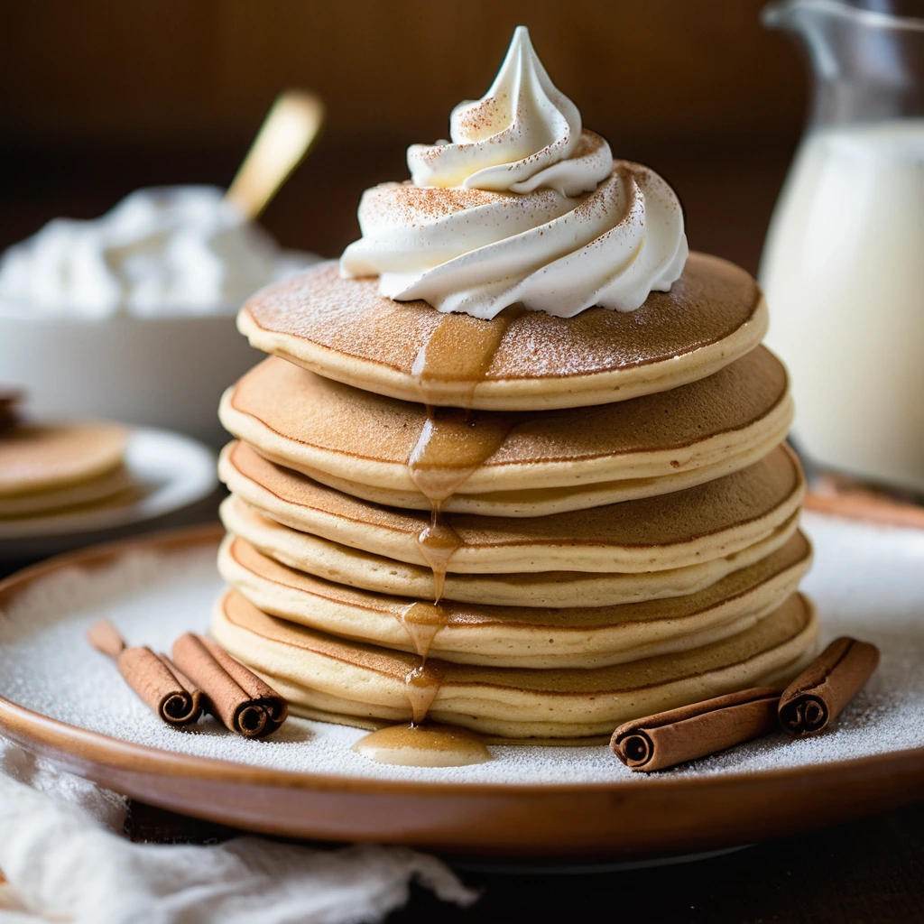 Stack of golden pancakes with a dollop of nutmeg-speckled whipped cream on top, served on a festive holiday plate.