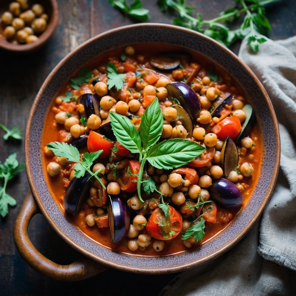 Rustic bowl of vibrant tomato stew with chunks of eggplant and chickpeas, sprinkled with fresh herbs.
