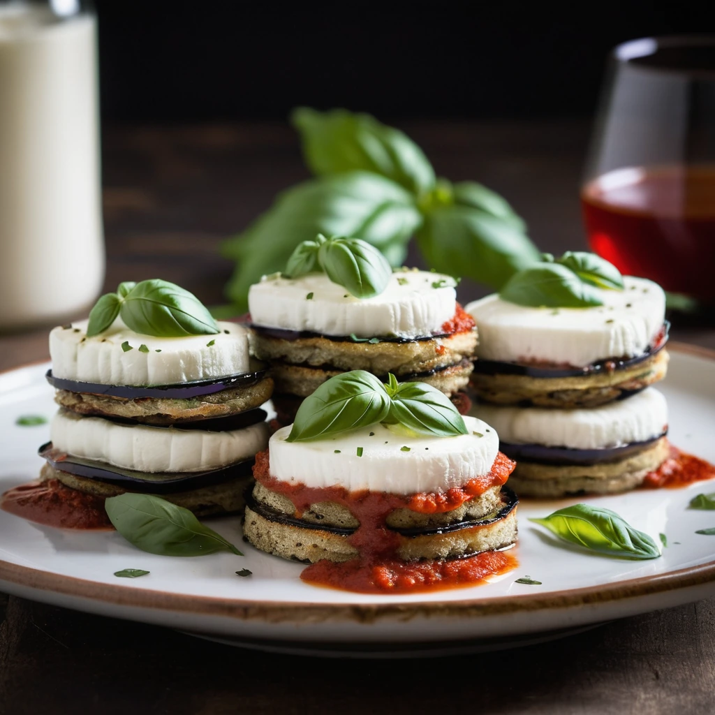 Stacked eggplant slices with melted mozzarella and marinara sauce, topped with fresh basil on a rustic plate.
