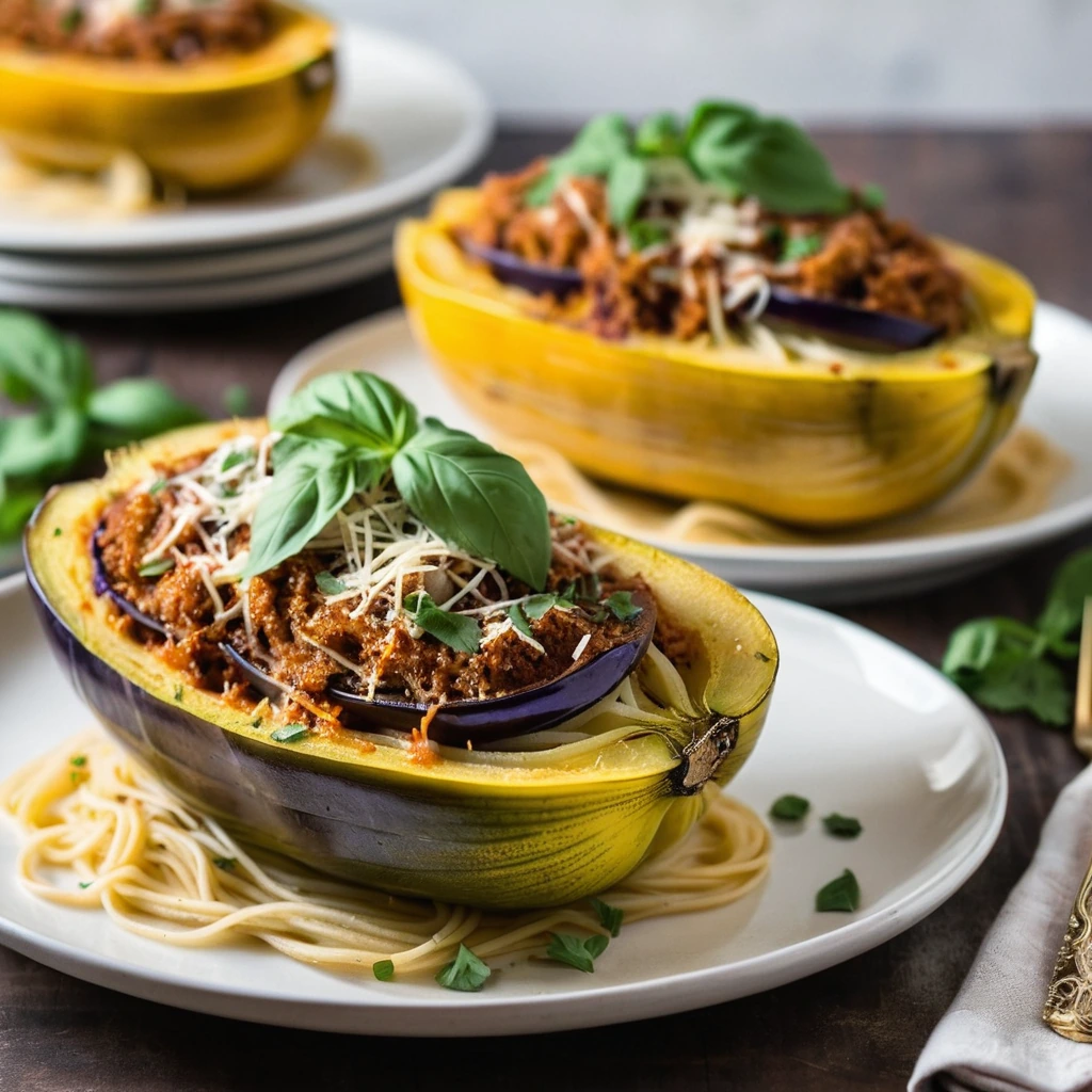 Two halves of roasted spaghetti squash filled with bubbly eggplant parmesan, golden brown cheese on top.