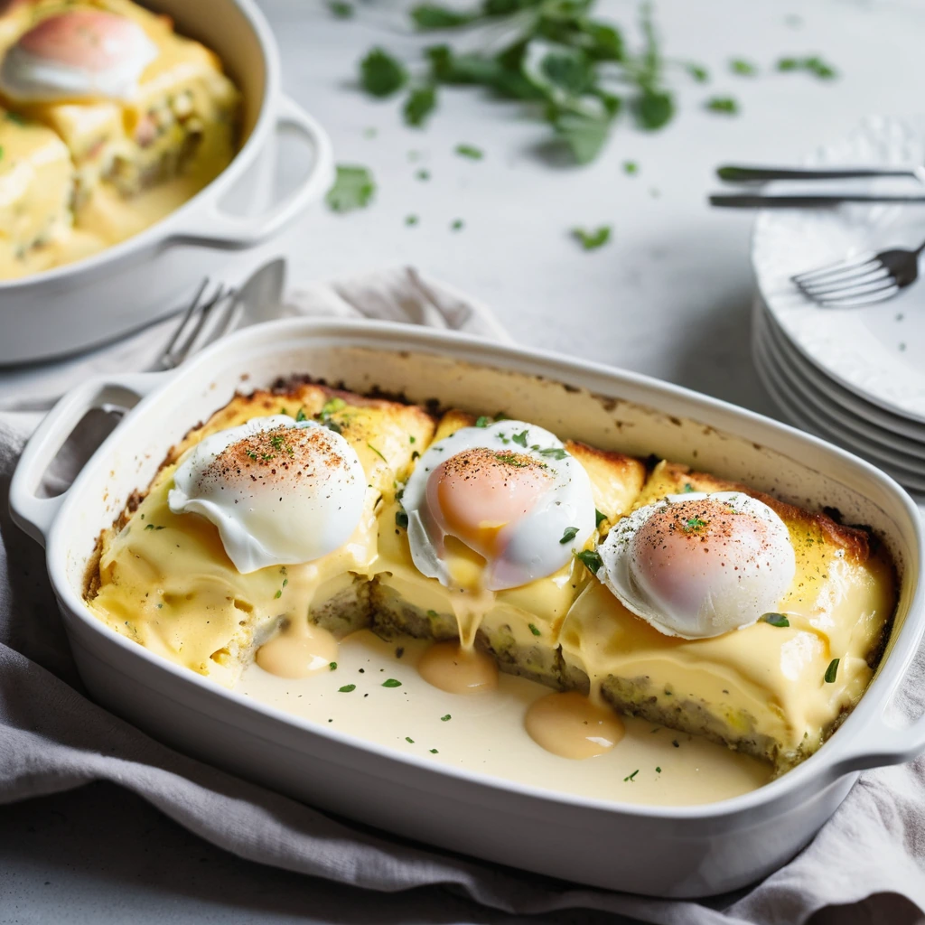 Golden casserole in a baking dish, topped with poached eggs and drizzled with rich hollandaise sauce.