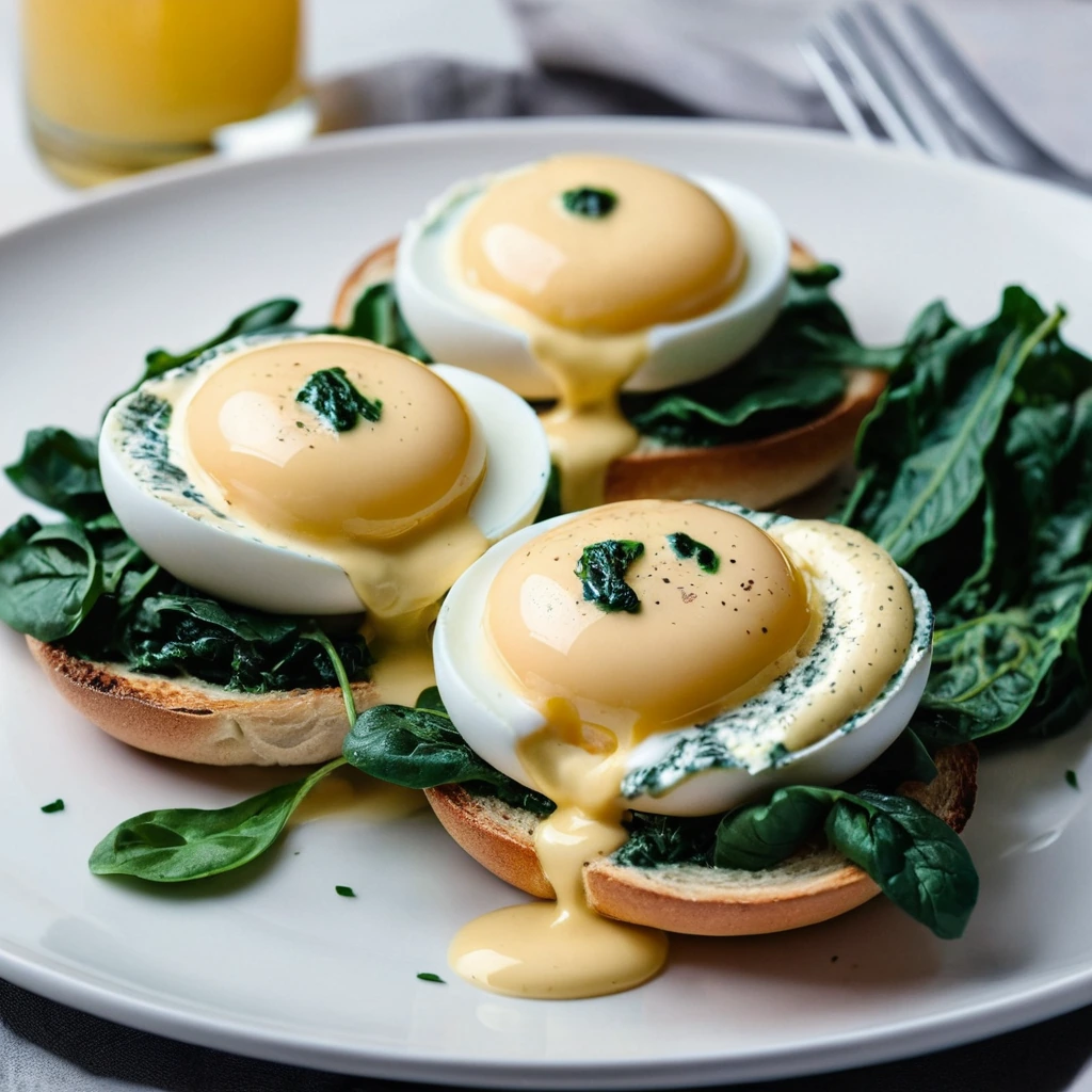 Two poached eggs on a bed of wilted spinach with golden hollandaise sauce on a white plate.