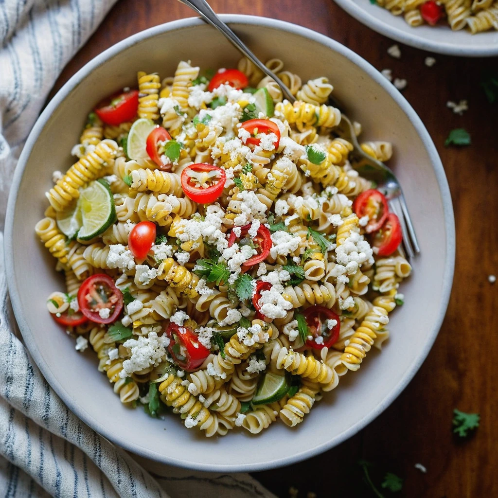 Colorful pasta salad in a bowl with golden grilled corn, red peppers, and white cotija cheese crumbles.