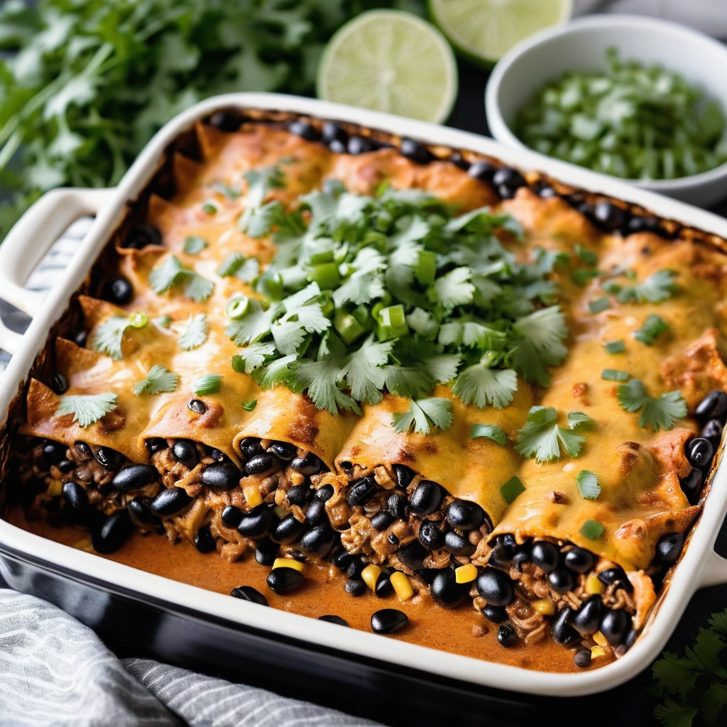 Golden bubbly casserole in a rectangular dish, topped with melted cheese and green onions.