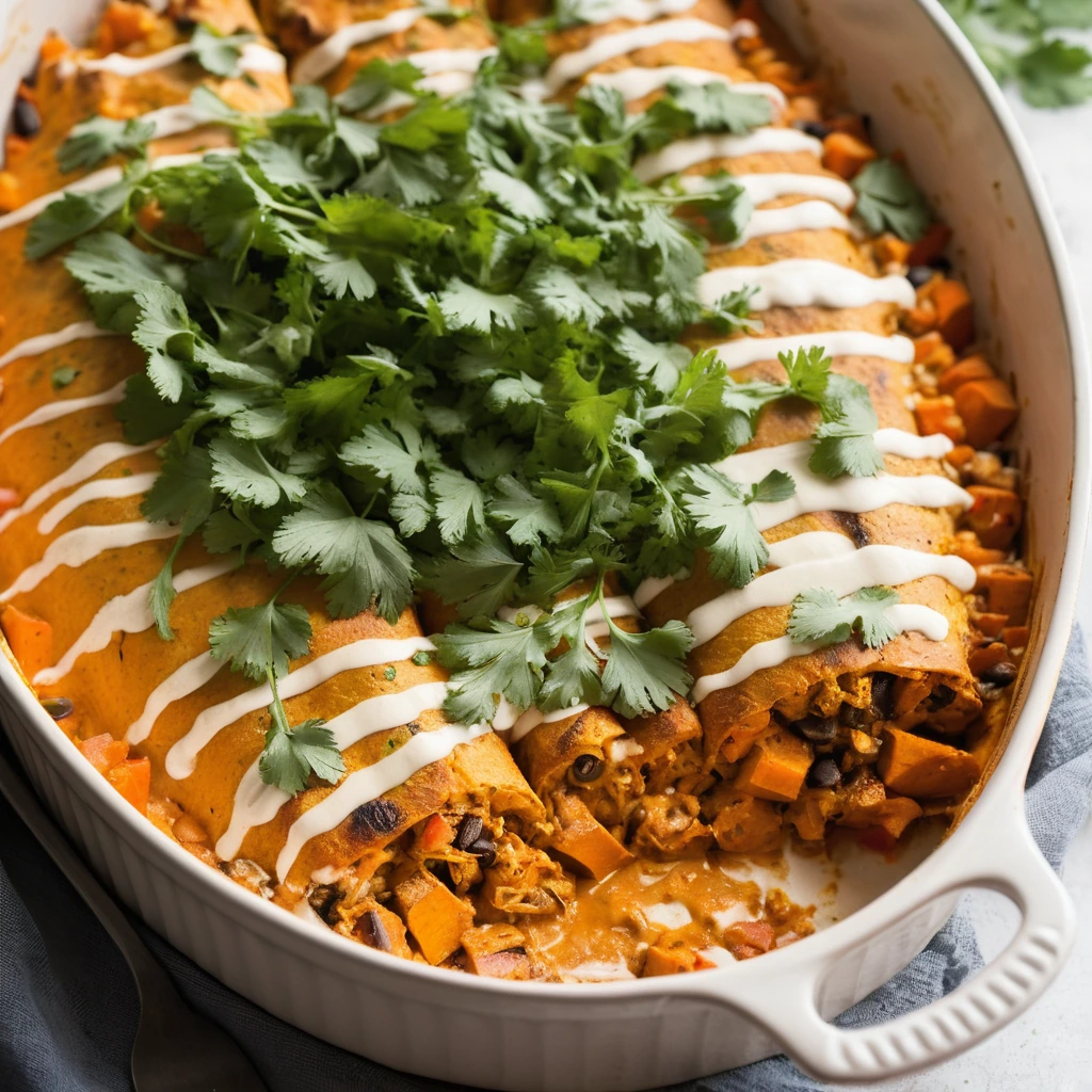 Golden casserole dish with melted cheese on top, sprinkled with fresh cilantro and diced tomatoes.