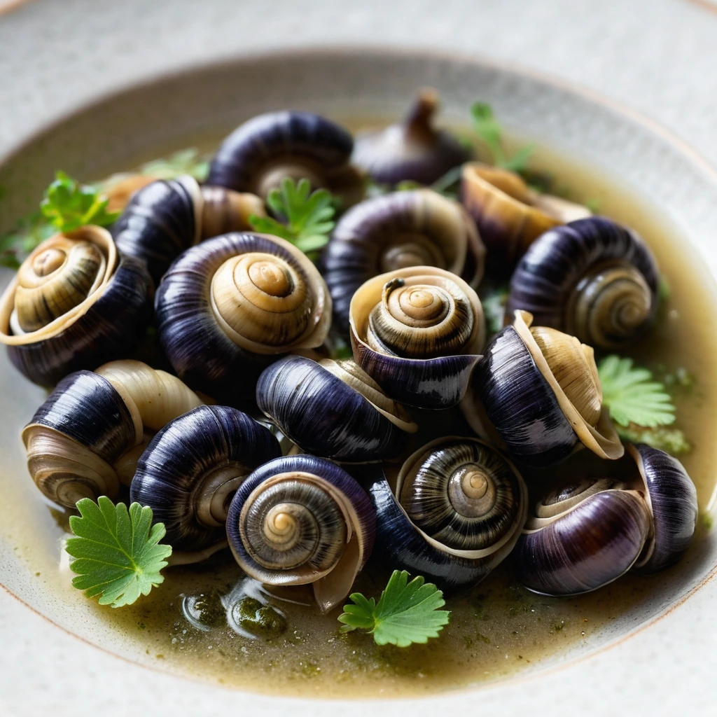 Golden snails nestled in buttery, herb-speckled shells on a rustic plate.