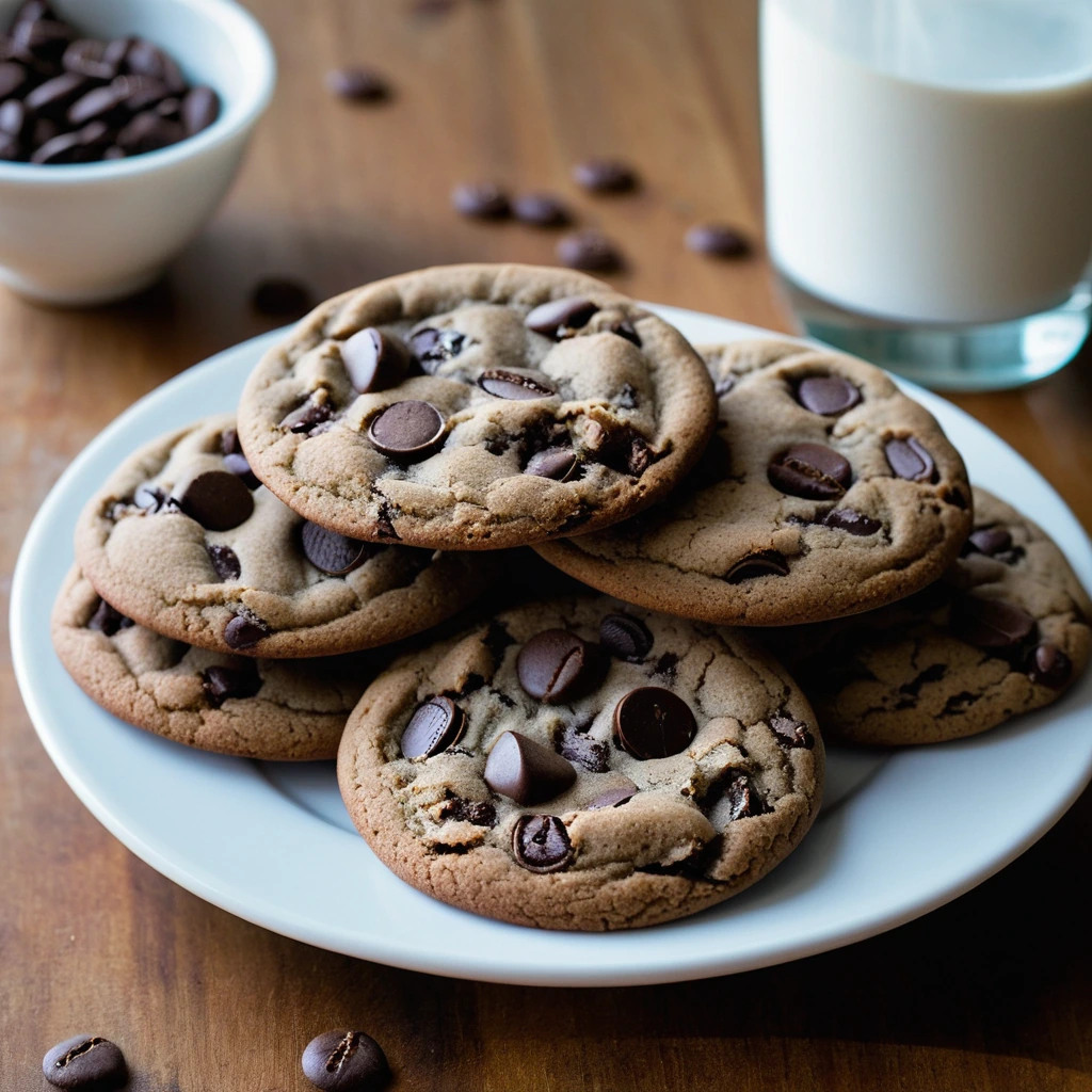 Golden brown cookies with dark chocolate chips and a sprinkle of sea salt on a white plate.