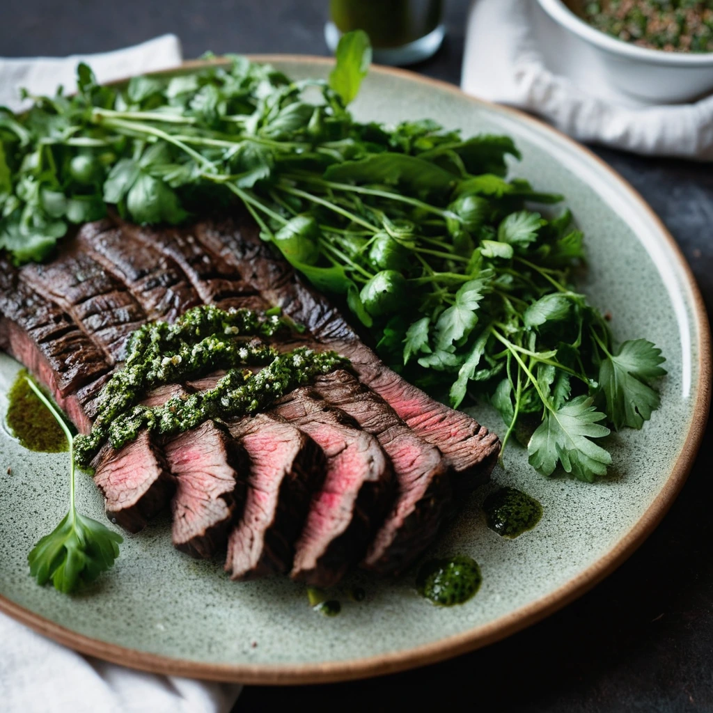 Grilled skirt steak on a plate drizzled with vibrant green chimichurri sauce, surrounded by fresh herbs.