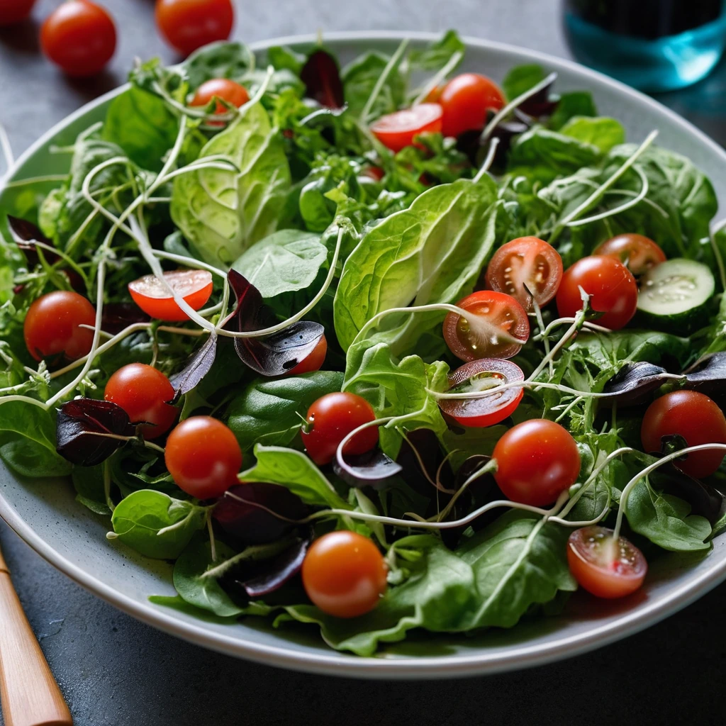 Colorful mixed greens in a large bowl topped with cherry tomatoes, cucumbers, and a drizzle of vinaigrette