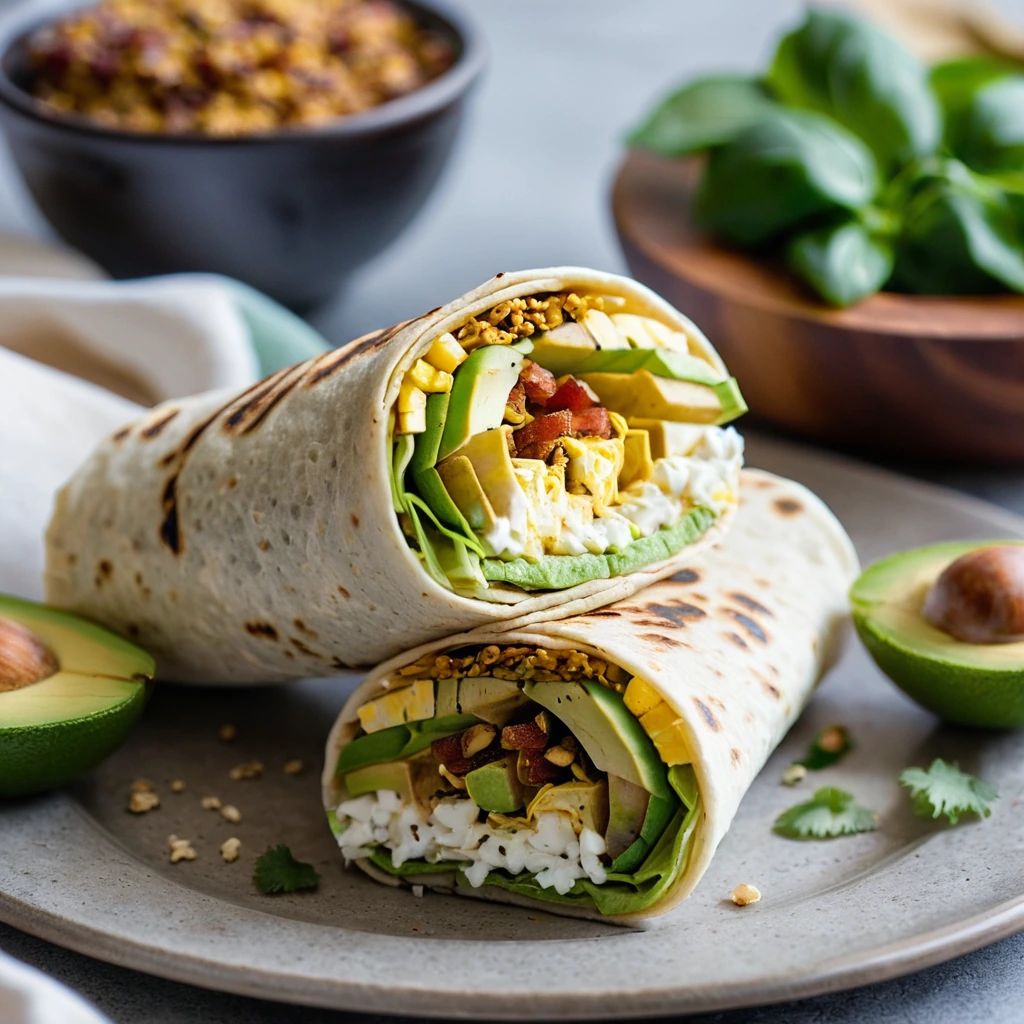 Golden brown tortillas filled with fluffy eggs, avocado slices, and crispy bacon, sprinkled with everything bagel seasoning.