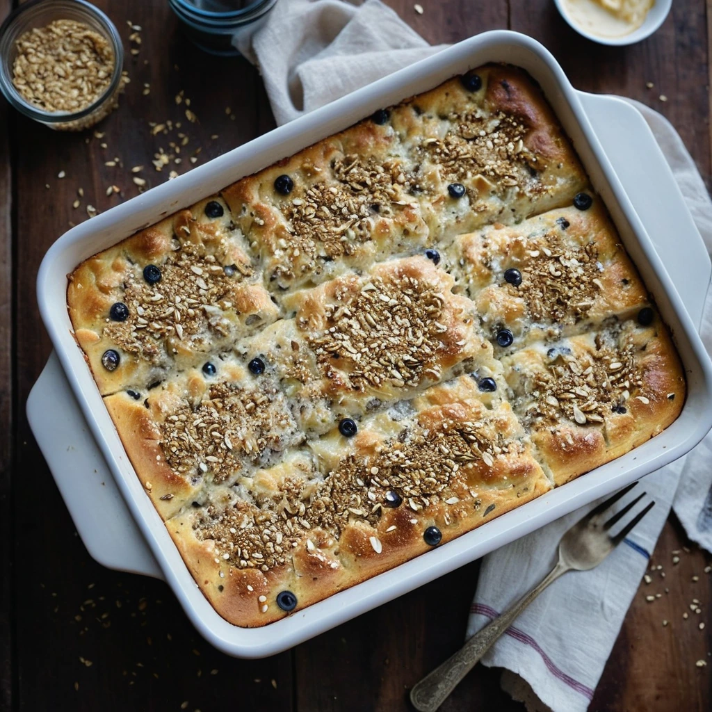 Golden casserole in a baking dish, topped with melted cheese and sprinkled with sesame seeds, presented on a rustic wooden table.
