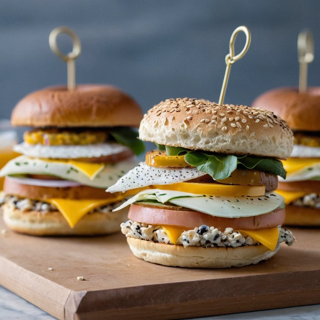 Mini breakfast sandwiches on toasted everything bagel halves with golden yolks and crispy ham.