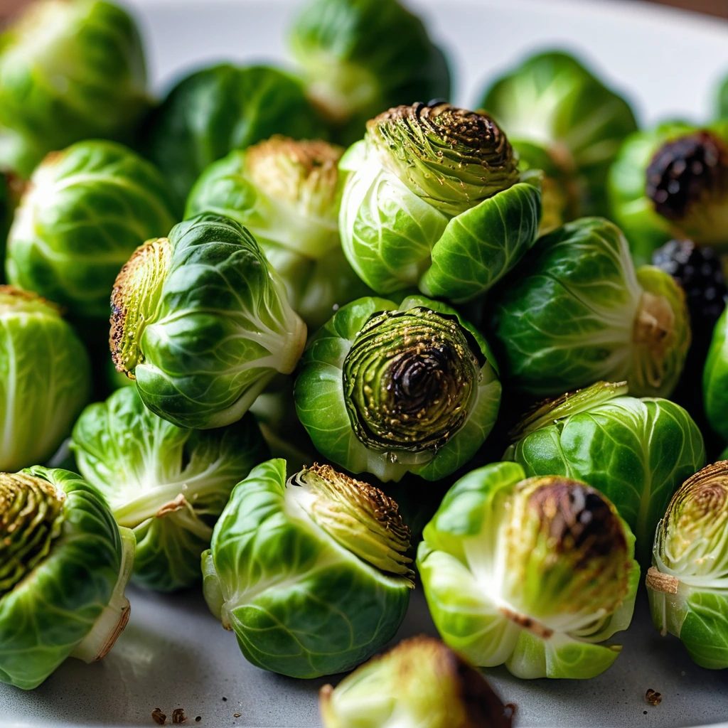 Golden brown Brussels sprouts bites arranged on a platter, sprinkled with green seasoning.