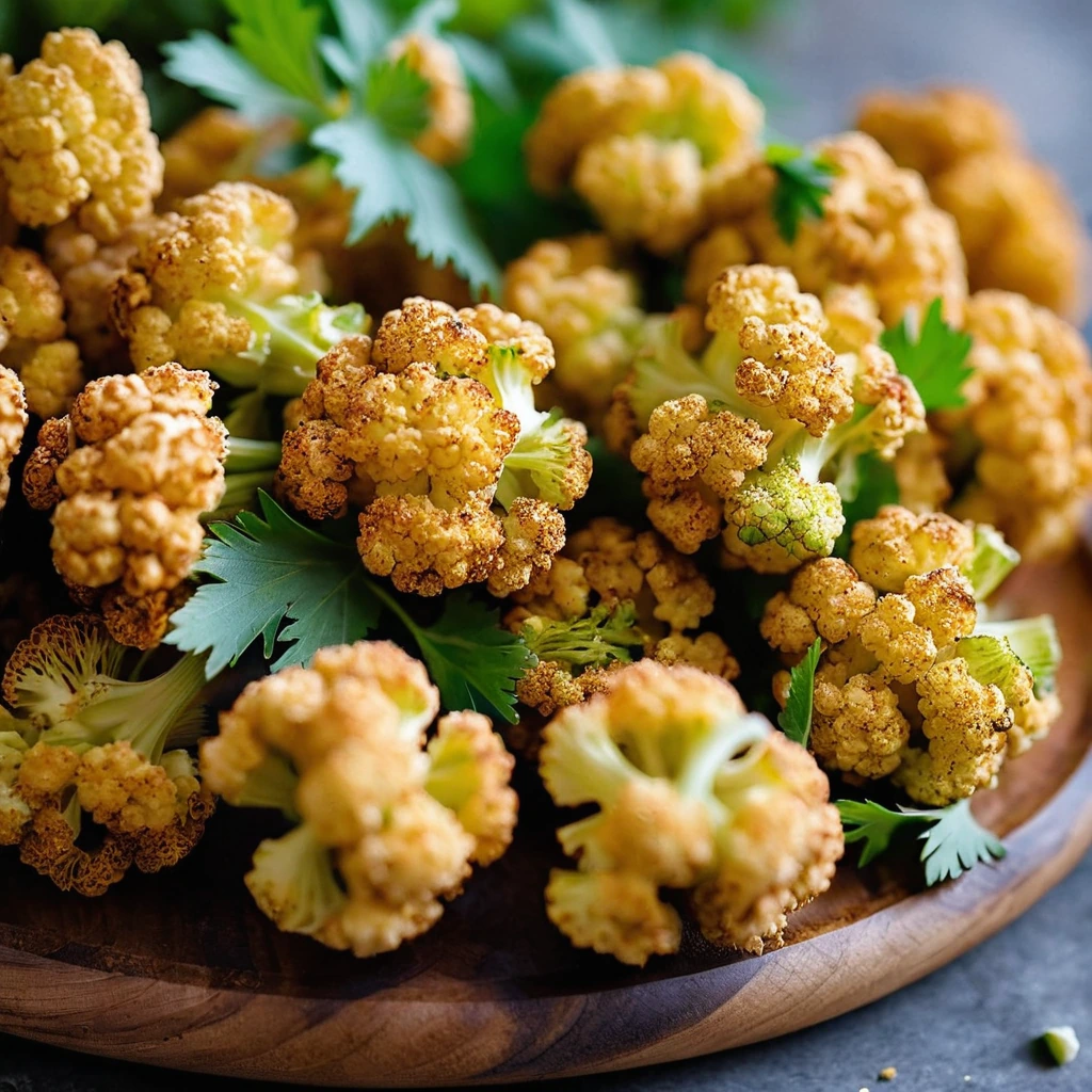 Crispy golden cauliflower bites dusted with everything seasoning on a rustic serving platter with fresh parsley garnish.