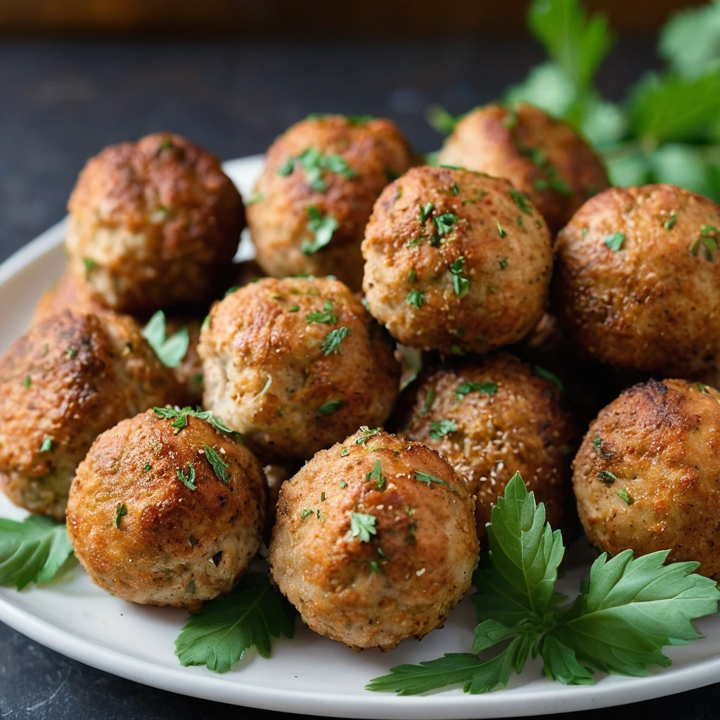 Golden brown chicken meatballs on a platter, sprinkled with everything seasoning.