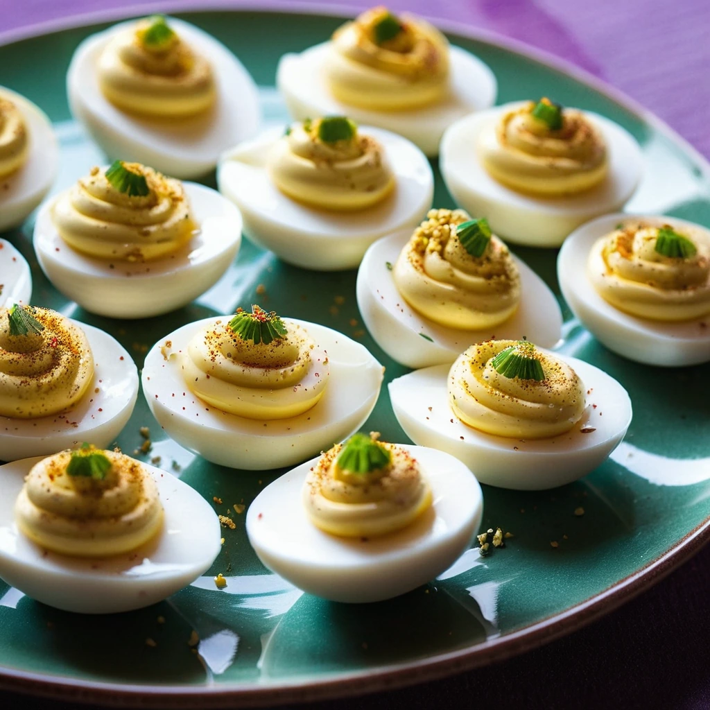 A platter of halved deviled eggs with golden yolks and a dusting of colorful everything seasoning.