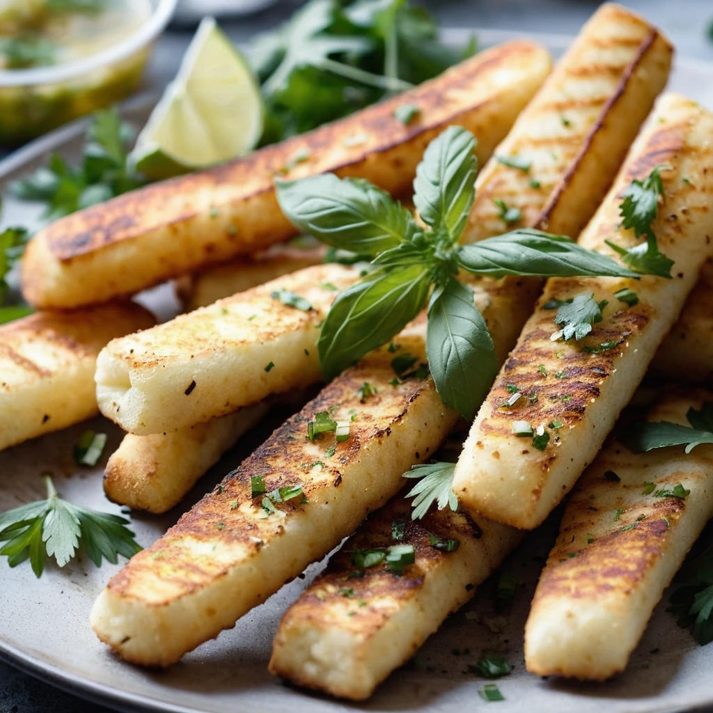 Plate of golden halloumi fries dusted with everything seasoning, arranged with fresh dill garnish.