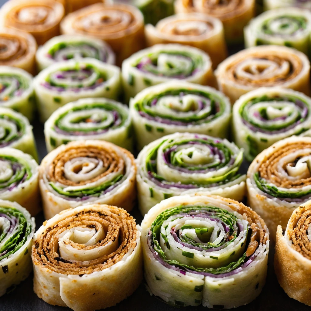 Golden pinwheel appetizers dusted with everything seasoning on a platter.